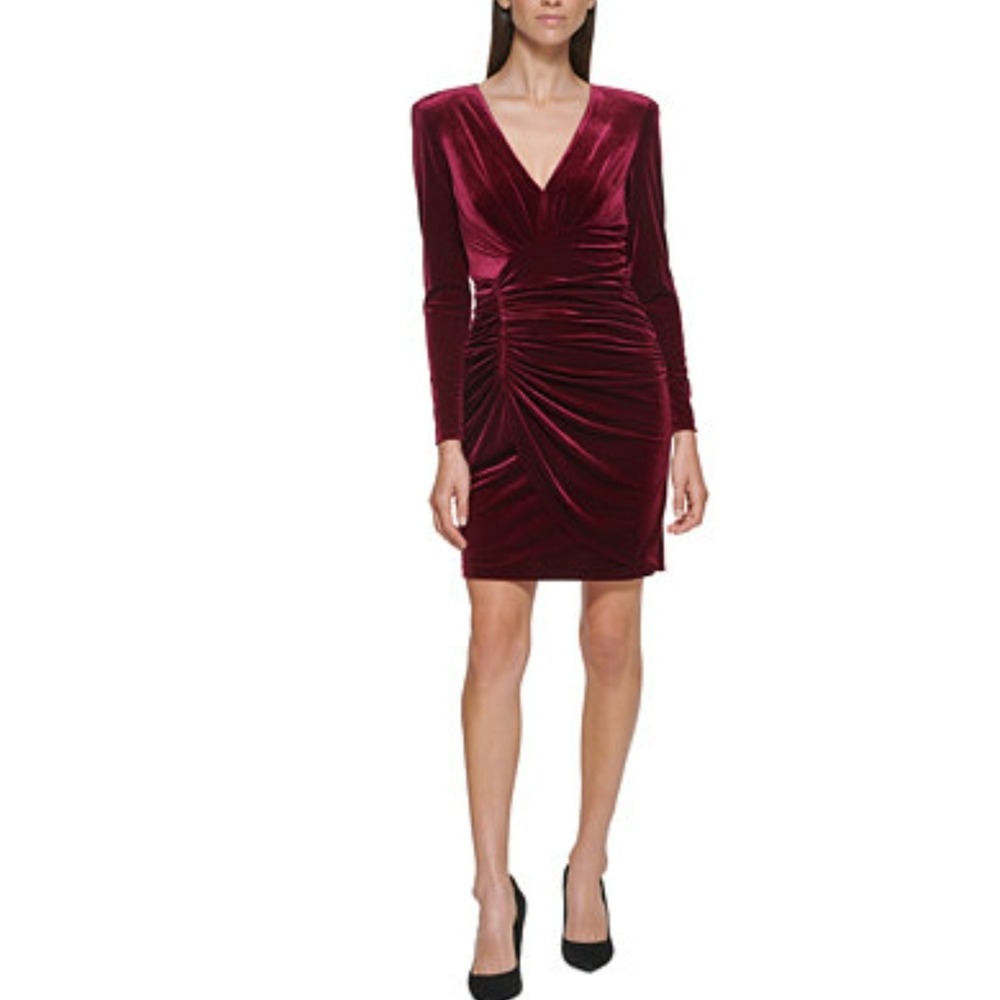 Vince Camuto Womens Wine Red Stretch Velvet Ruched V-Neck Dress Size 14 VC1M3209